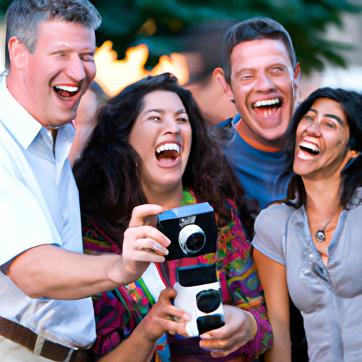 קבוצה של אנשים צוחקים תוך כדי צילום תמונות מיידיות